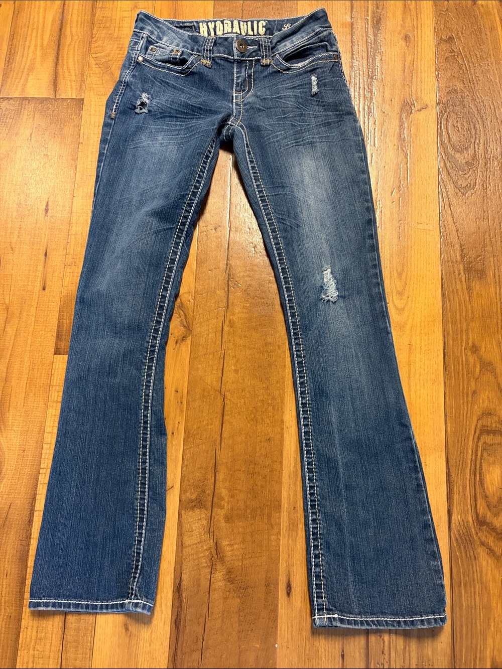 Hydraulic Dark Flare Jeans with Subtle Distressing & Bling Pockets Size 28x31